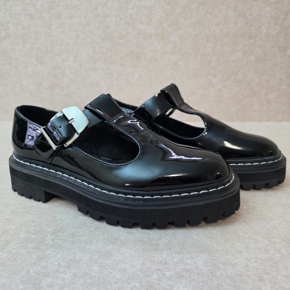 Steve Madden Suzey Patent T Strap Chunky Mary Janes Sz 7 Black Y2K Goth Grunge - Picture 2 of 13